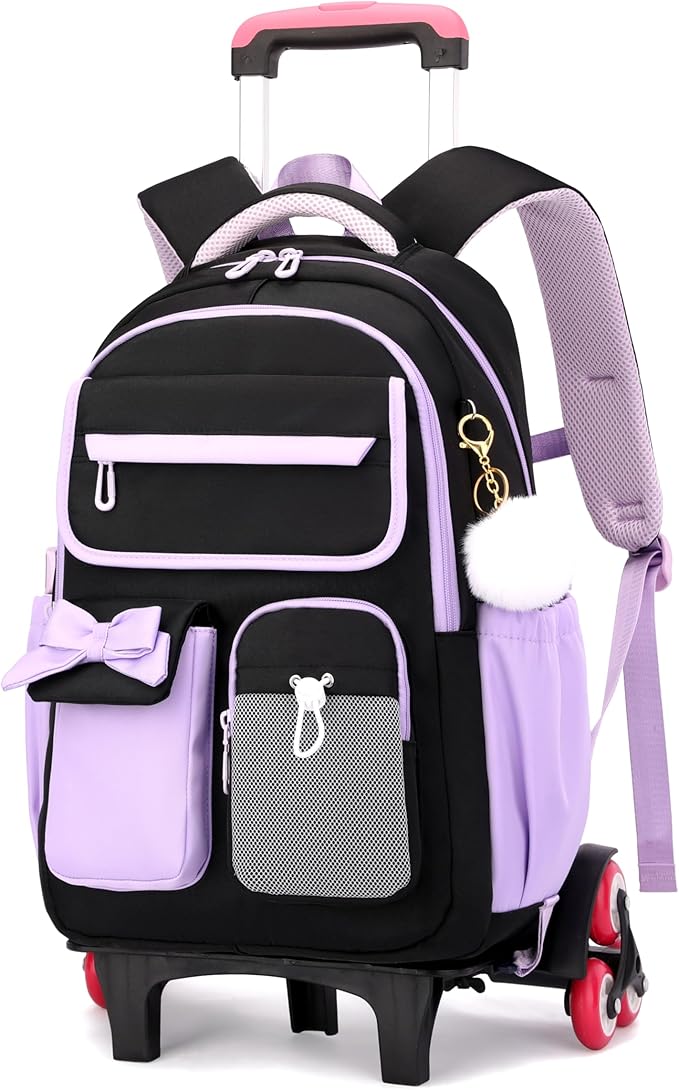 Rolling Backpack for Girls Kids Trolley Rolling School Bag Wheeled Backpack for Elementary School Roller Bookbags on 6 Wheels, Black Purple