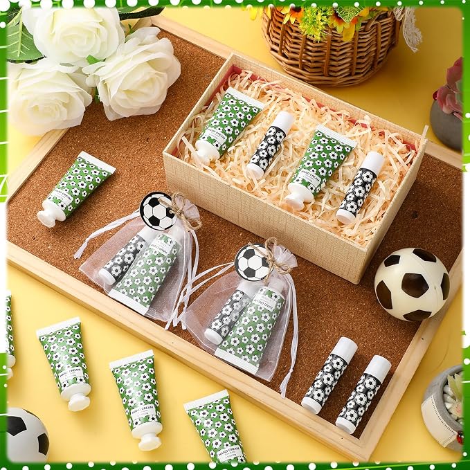 144 Pcs Lip Balm Hand Cream Set Party Favors, Include 36 Lip Balm 36 Moisturizing Hand Cream 36 Bags 36 Cards and Ropes for Accessories Gifts(Black and Green,Soccer)