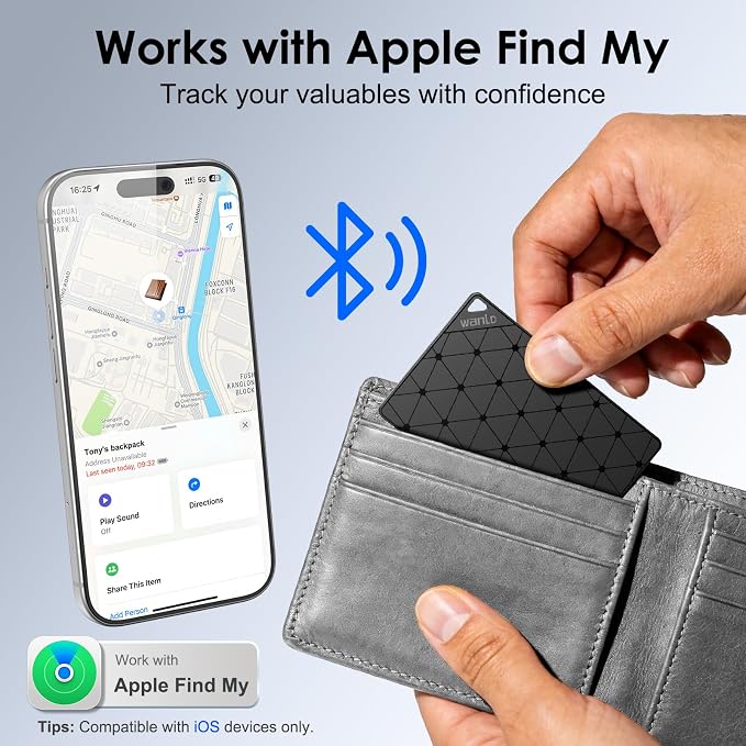 Wallet Tracker Card, [Apple MFi Certified] Ultra-Thin Item Finder Works with Apple Find My (iOS Only), Over 5-Year Battery Life, Slim Bluetooth Tracking Tag for Wallet, Luggage, Passport & Bags-Black