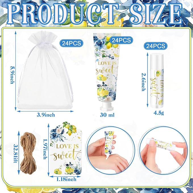 24 Sets Blue Floral Lemon Hand Cream and Lip Balm Gift, Love Is Sweet Bridal Shower Favors for Guest Travel Size Hand Lotion and Lip Balm Bulk Lemon Bridal Shower Birthday Party Supplies