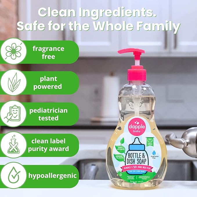 Dapple Baby Fragrance Free Bottle & Dish Soap - (3 Pack) 16.9 fl oz - Cleans Baby Bottles, Sippy Cups, Pacifiers, Breast Pumps, & More - Gently Removes Milk Film & Odors - Includes 1 Pump