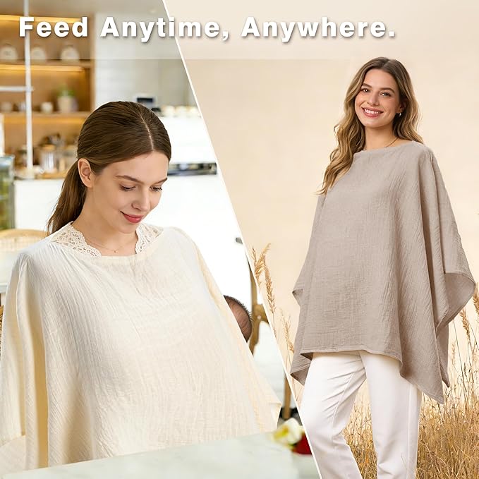 Muslin Nursing Cover for Breastfeeding – 360° Full Privacy & Comfort, Soft Breathable Cotton, Multi-Use Cover for Baby Car Seat & Stroller, Gift Box Included (Warm Oat & Khaki)