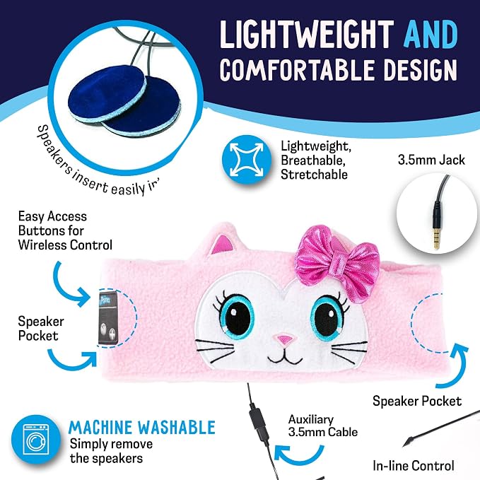 Toddler Headphones Wireless, Kids Bluetooth Earphones, Safe Volume - Wired School Headphones for Kids with 3.5 MM Jack and Travel Bag - Toddler Airplane Accessories for Boys & Girls - Kitty