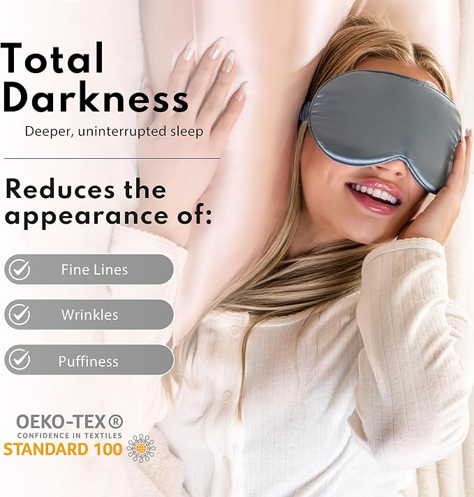 Blissy Silk Sleep Mask Profile - 100% Pure Mulberry Silk 22 Momme 6A Fibers Silk Eye Sleeping Mask for Women & Men for Total Blackout - Blindfold Silk Sleep Mask Side Sleeper Eye Cover (Grey)