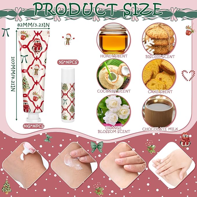 72 Pcs 36 Sets Valentine's Day Hand Cream and Lip Balm Bulk Gift Set, 6 Scents Coquette Bow Valentine's Day Travel Size Hand Lotion Lip Care Gift for Women Staff Coworkers