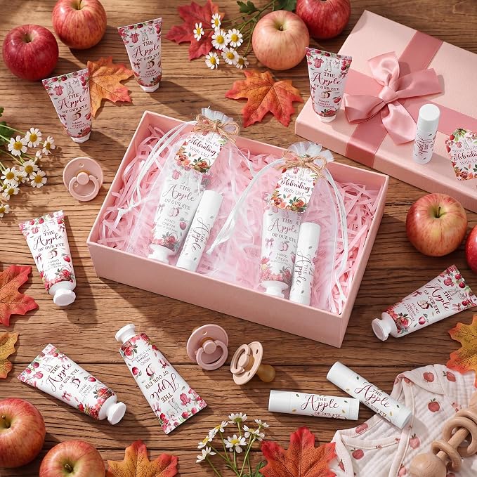 24 Sets Fall Apple Theme Baby Shower Hand Cream and Lip Balm Gift The Apple of Our Eye Baby Shower Party Favors Travel Size Hand Lotion and Lip Balm Bulk with Organza Bag Tag for Guest
