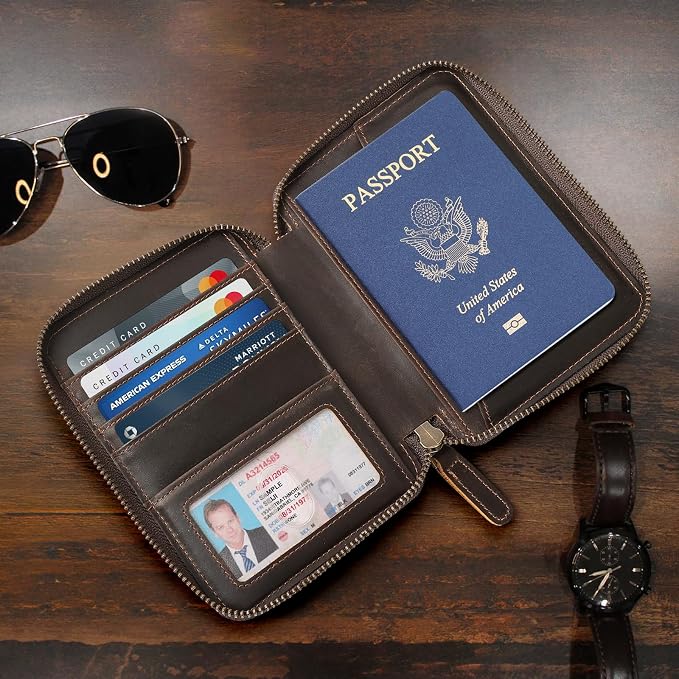 Polare Full Grain Leather Travel Passport Wallet RFID Blocking Passport Holder Soft Bifold Cover Case with YKK Zipper