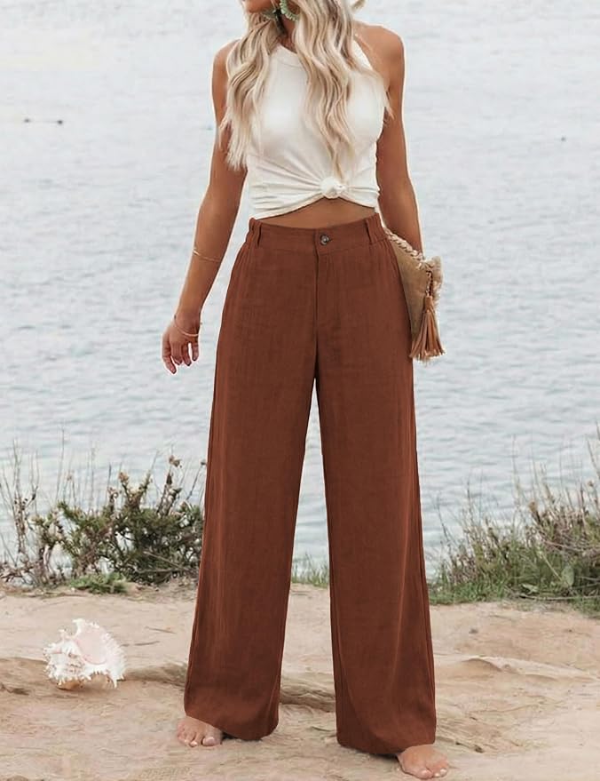 Hooever Womens Cotton Linen Pants Casual Button Up High Waisted Wide Leg Trousers