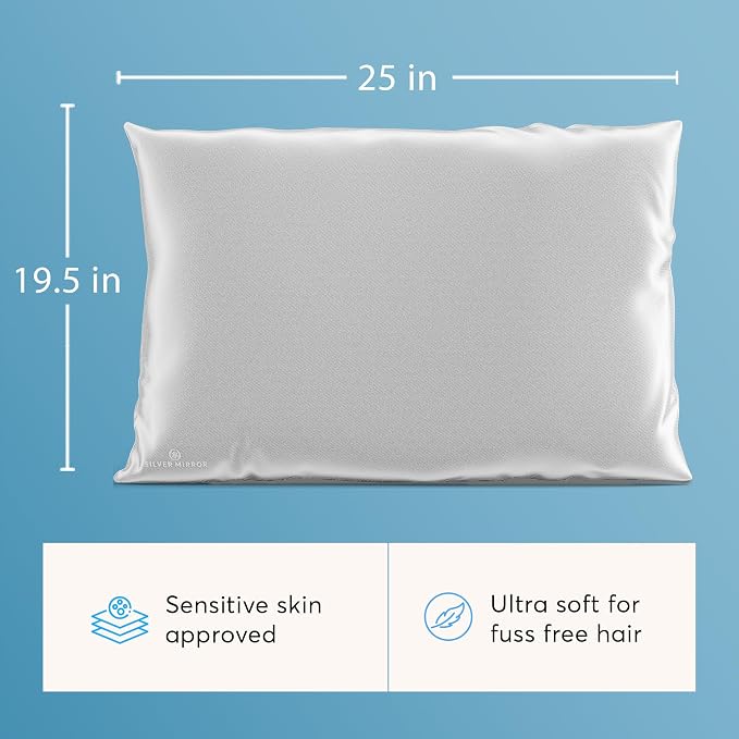 Silk Sleep Essentials Set in Silver: Pillowcase and Eye Mask, 25" x 19.5" Fits Standard Queen Pillow, 22mm 6A Grade, for Gentle Sleep, Anti-Breakage, Tangles, Creases and Wrinkles, By Silver Mirror