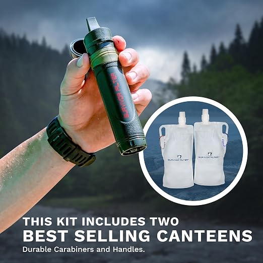 Survivor Filter Squeeze Kit – Emergency Water Filter Straw with 2 Collapsible 33.8 fl oz Bottles – USA-Tested – 0.05 Micron Filtration – Portable Water Filtration for Emergency Prep, Camping & Hiking