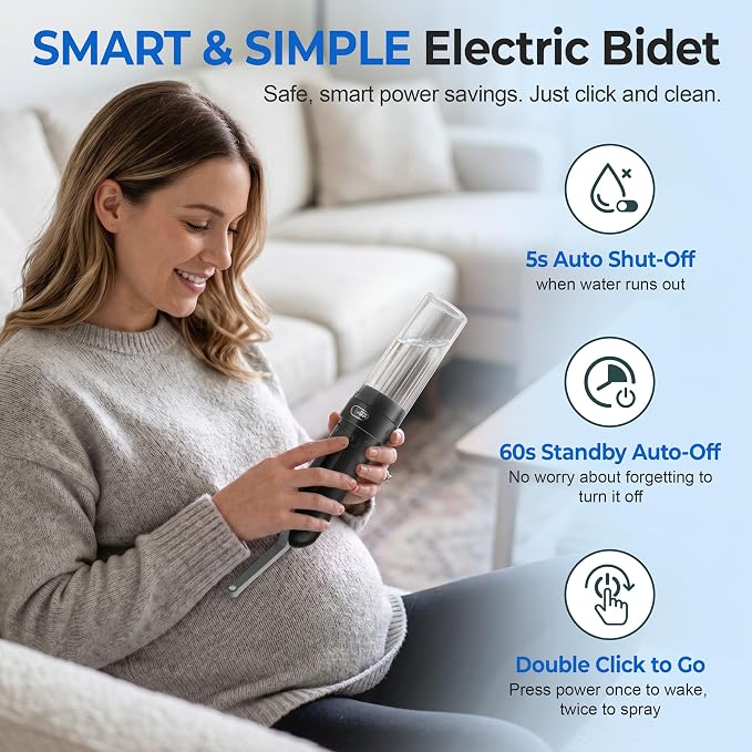 Electric Portable Bidet for Travel, Rechargeable for Women Postpartum, Period & Hygiene | 3 Pressure Modes, 260 Uses/Charge, IPX7 Waterproof, Foldable & Compact, Standard Bottle Fit, USB-C Charging, Black