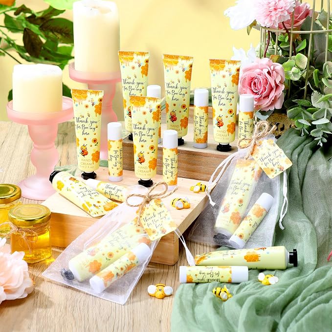 24 Sets Honey Hand Cream and Lip Balm Gift Bee Themed Baby Shower Party Favor for Guest Thank You for Bee-ing Travel Size Hand Lotion and Lip Balm Bulk Honey Baby Shower Birthday Party Supplies