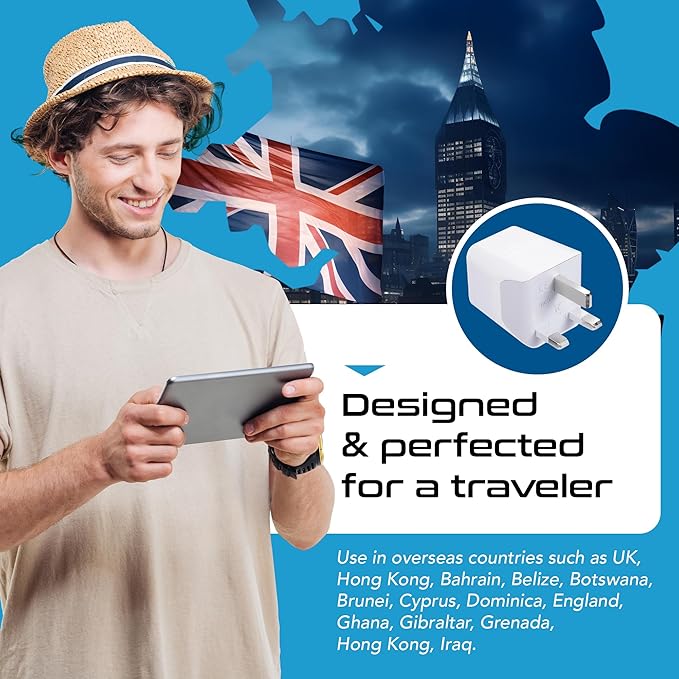 Ceptics UK adapters for Travel to London, Hong Kong, Ireland - Dual USB-A & USA Input - Type G Adapter Grounded - Ideal for Phone, Laptop, Cameras