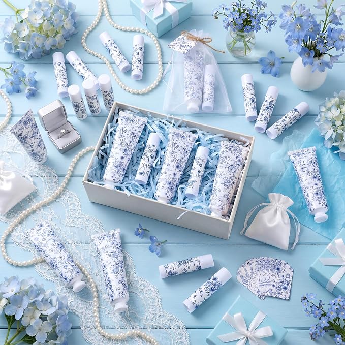 Loopeer 60 Sets Blue Floral Bridal Shower Hand Cream and Lip Balm Gift Bulk Blue Flower Wedding Favors Travel Size Hand Lotion and Lip Balm Wedding Bridal Baby Shower Party Supplies for Guests