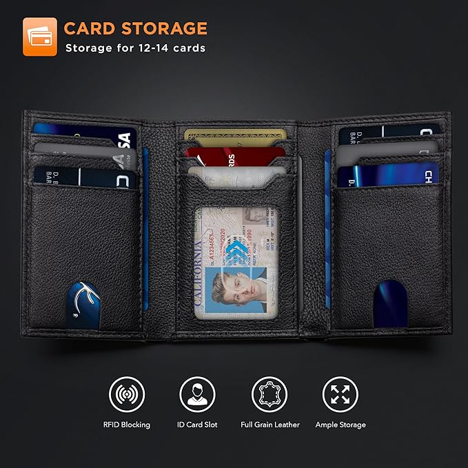 SERMAN BRANDS Trifold Wallet for Men - RFID Blocking Genuine Leather, 11 Card Slots & ID Window, Slim Everyday Carry, Durable Stitching, Gift for Him