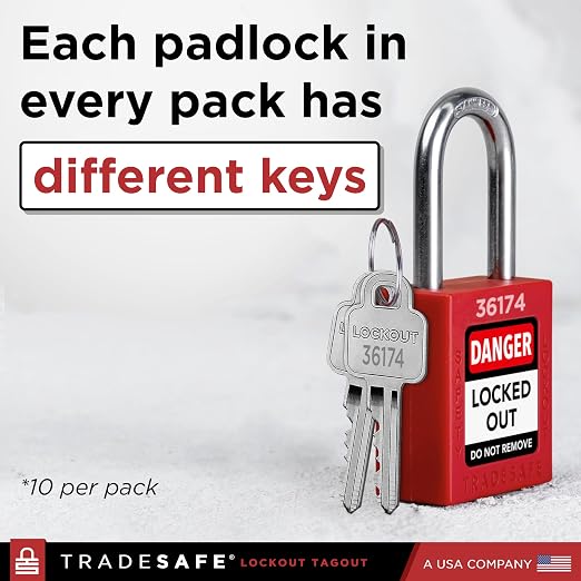 TRADESAFE Lockout Tagout Locks Set - 10 Red Loto Locks, Lockout Locks Keyed Different, 2 Keys Per Lock, OSHA Compliant Lock Out Tag Out Padlocks, Safety Padlocks for Electrical Lockout Tag Out Kits