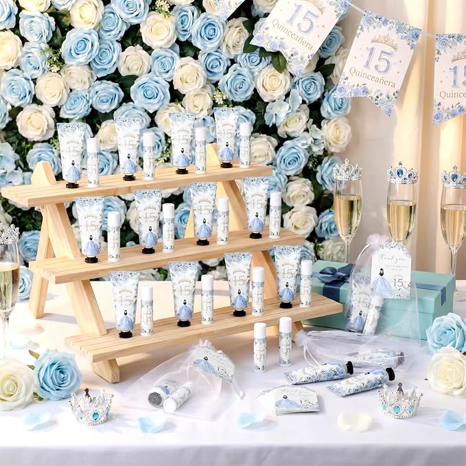 Leelosp 25 Set/100 Pcs Quinceanera Party Favor for Guest with Travel Size Hand Cream, Lip Balm, Card, Organza Bags Quinceanera Gift Set Sweet 15th Party Supply Birthday Souvenir(Dusty Blue)