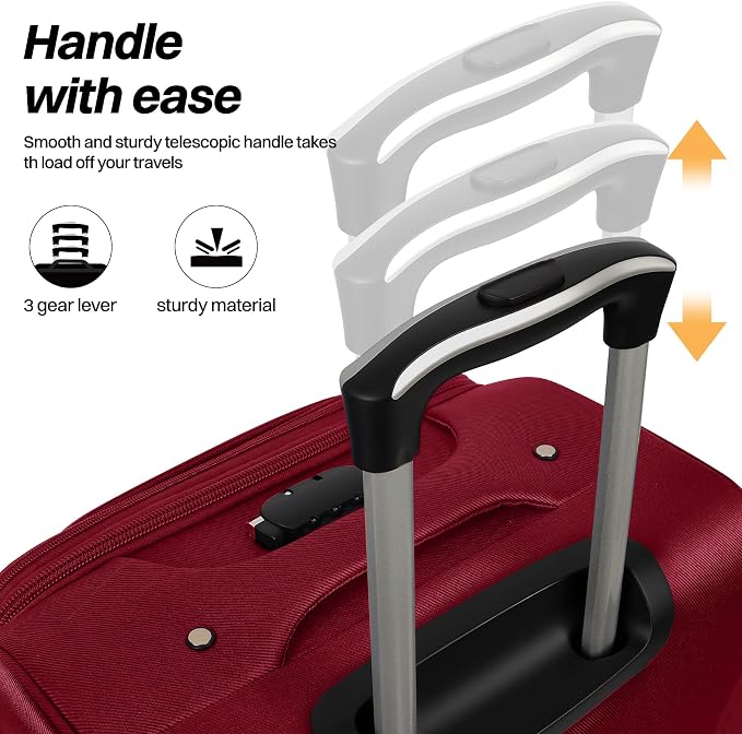 3-Piece Softside Expandable Luggage Set with Front Open Pocket,Lightweight Durable Suitcase Sets Double Spinner Wheels & w/LOCK（Burgundy-Grey,20in/24in/28in）