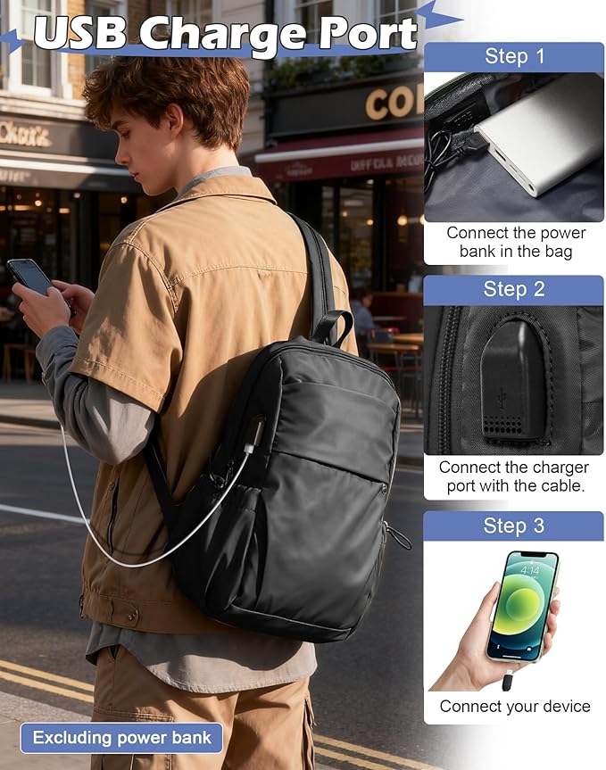 SEAFEW Large Black Convertible Sling Crossbody Backpack Shoulder Bag for Men Women, Waterproof Nylon Chest Bag One Strap Back Pack for Hiking Walking Biking Travel Cycling with USB Charger Port