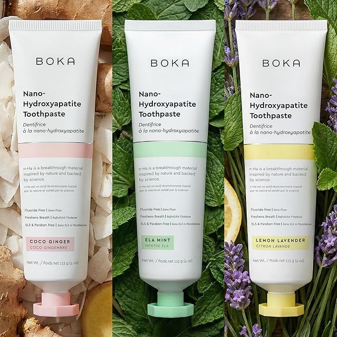 Boka Fluoride Free Toothpaste, Nano Hydroxyapatite Toothpaste, Appropriate for Sensitive Teeth - for Adult Oral Care - Ela Mint, Coco Ginger, Lemon Lavender Flavor, 4 Fl Oz 3Pk US Manufactured