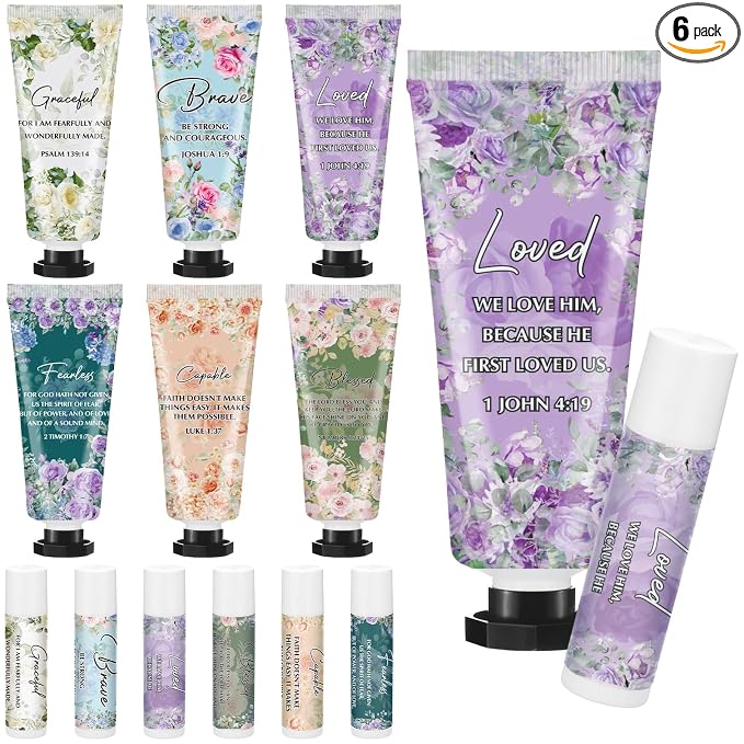 Loopeer 6 Sets Graduation Christian Hand Cream and Lip Balm Gift Set Christian Gift Bulk for Women Mothers Day Gifts for Church Travel Size Hand Lotion Bible Verse Lip Balm Bulk for Bridal Mom