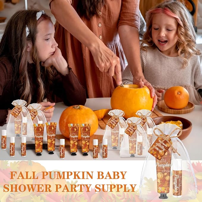 24 Sets Little Pumpkin Baby Shower Hand Cream and Lip Balm Gift a Little Pumpkin Is on the Way Baby Shower Party Favor Travel Size Hand Lotion and Lip Balm Bulk with Organza Bag and Tag for Guests