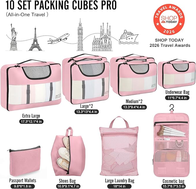 Veken 10 Set Packing Cubes for Travel Essentials, Suitcase Organizer Bags in 4 Sizes, Carry-On Luggage Accessories with Large Laundry Bag & Passport Holder, Must-Have for Airplane, Road Trip & Camping