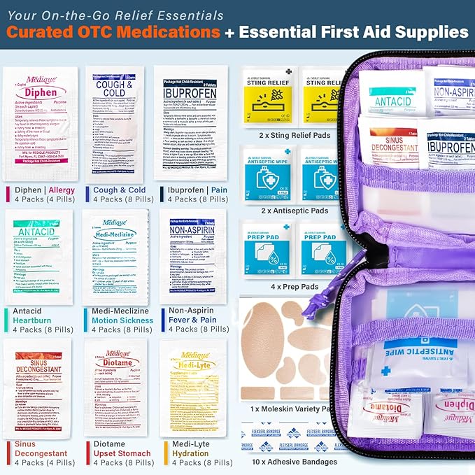 EVERLIT CARE Travel Essential Medicine First Aid Kit I Bonus Medical Supplies I TSA Compliant Mini Size Medkit for Traveling Camping Trips Individually Packed 64 Tablets (Purple)