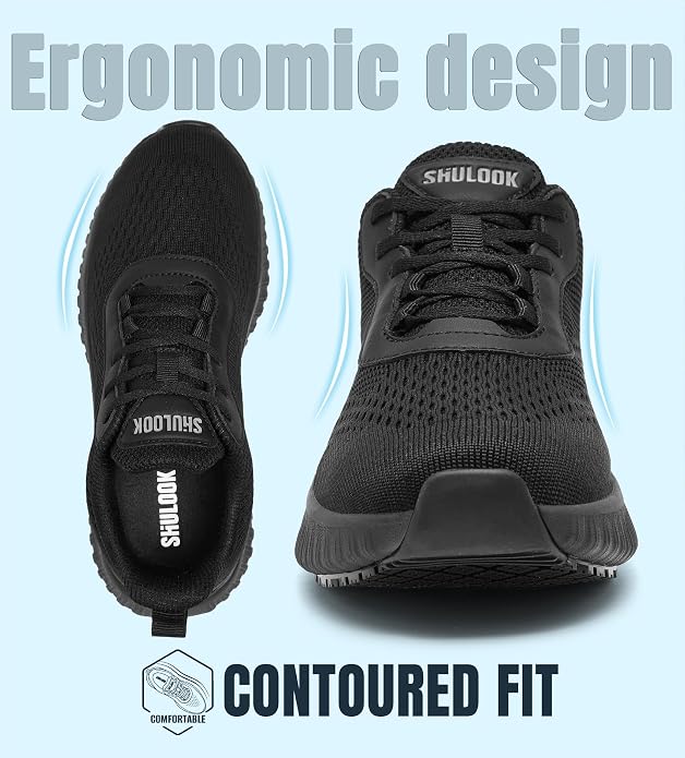 SHULOOK Women's Non Slip Work Shoes Slip-Resistant Kitchen Chef Restaurant Food Service Nurse Shoe Comfortable Mesh Breathable Walking Sneakers Black
