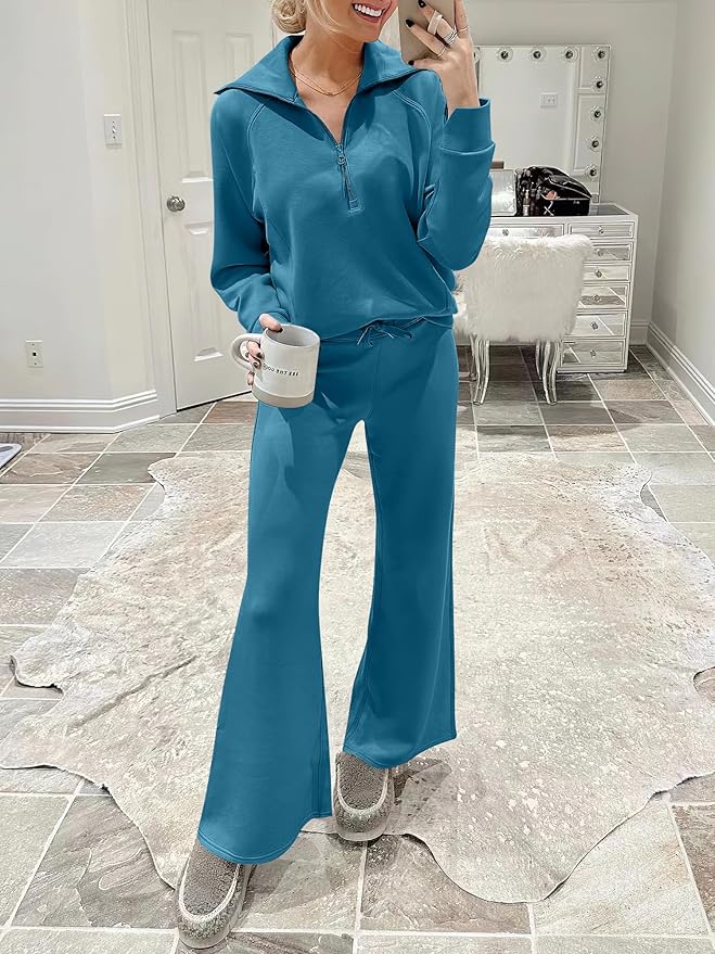 ANRABESS Women’s 2 Piece Outfits Half Zip Sweatshirt & Wide Leg Pants Airport Travel Lounge Matching Sets Sweatsuits Clothing