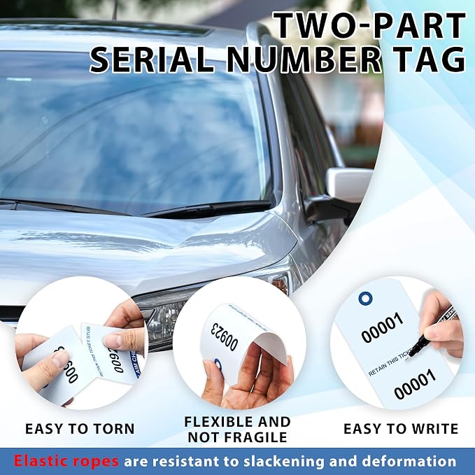500 Pcs Duplicate Auto Park Tags (Numbered 1-500) 4.72" x 2.36" Inch Valet Parking Tickets with Strings Claim Check Tags with Marker for Valet Coat Check and Hotel Luggage Tags (500, Blue)