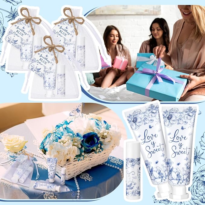 48 Sets Something Blue Before I Do Bridal Shower Hand Cream and Lip Balm Gift Bulk Blue Floral Wedding Favors Travel Size Hand Lotion and Lip Balm Bridal Shower Party Supplies for Guest