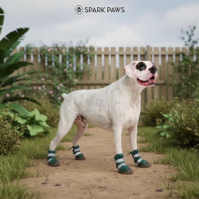 Spark Paws Dog Rainboots, Waterproof Dog Shoes for Medium to Large Dogs, Non Slip, Dog Booties and Paw Protectors - 4PCS Doggie Hiking Boots with Reflective Straps - Green Camo, Size 8