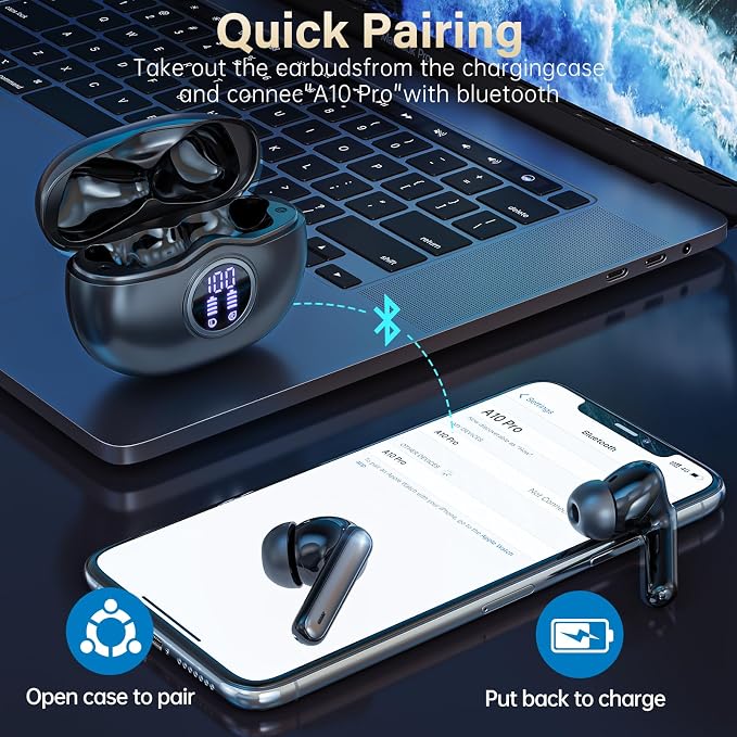 HiFi Stereo Wireless Earbuds, Bluetooth 5.3 with LED Display 50H Playback ENC Noise Canceling IPX7 Waterproof Earphones for Gym/Running/Work