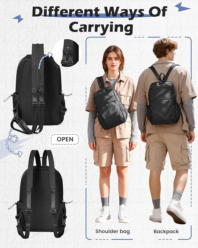 SEAFEW Large Black Convertible Sling Crossbody Backpack Shoulder Bag for Men Women, Waterproof Nylon Chest Bag One Strap Back Pack for Hiking Walking Biking Travel Cycling with USB Charger Port
