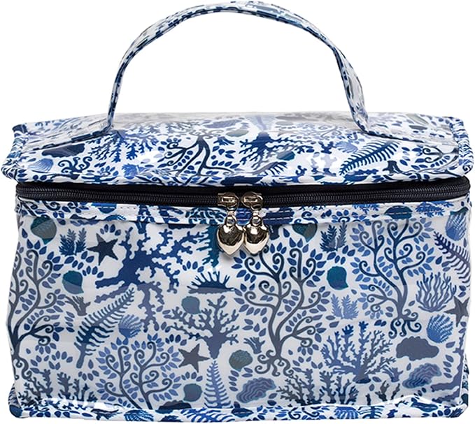 Jacaranda Living Vanity Cosmetic Bag – Train Case with Handle, Water-Resistant PVC Lined Cotton, Travel Organizer, Splash-Proof Summer Cosmetic Bag – Blue Seashells