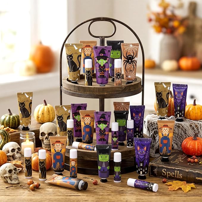24 Pack Halloween Hand Cream and Lip Balm Gifts Sets for Women Mini Hand Lotion Bulk Travel Size Moisturizing Cream Halloween Party Favors for Boo Basket Stuffers 6 Natural Plant Fragrances