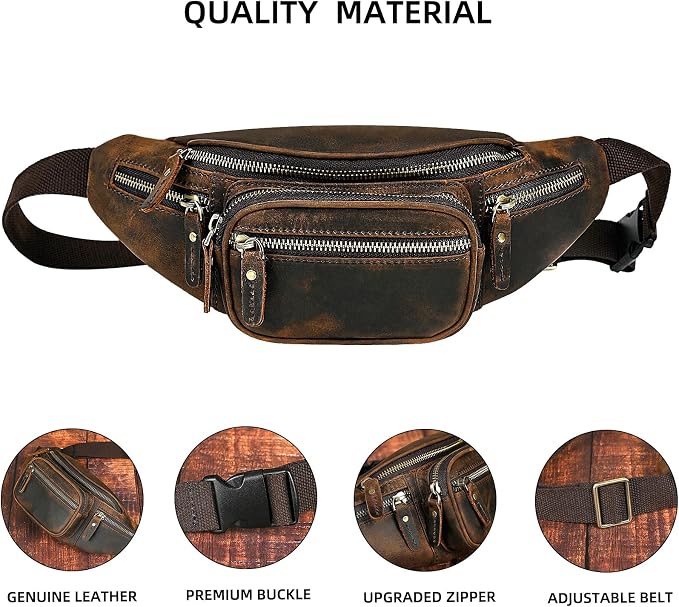 Water Resistant Canvas + Leather Hiking Riding Travel Fanny Waist Pack Small Phone Pouch For Men Women FB811-29 (Dark Brown-346)