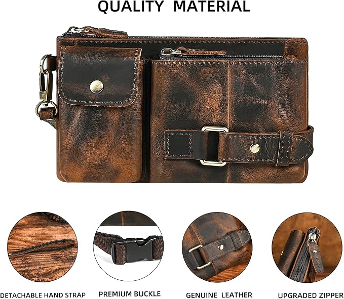 Water Resistant Canvas + Leather Hiking Riding Travel Fanny Waist Pack Small Phone Pouch For Men Women FB811-29 (Z-8135-100% Leather)