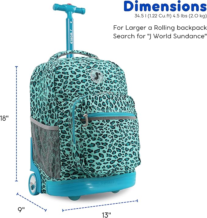 J World Sunrise Kids Rolling Backpack for Girls Boys. Roller Bookbag With Wheels For School, Mint Leopard