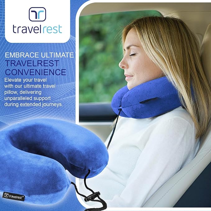 travelrest Neck Pillow Travel Essential - Memory Foam, Washable Micro-Fiber Cover Pillow, Soft and Comfortable Head Support for Long Flights, Compact, Attaches to Luggage, Airplanes, Cars, Bus - Blue