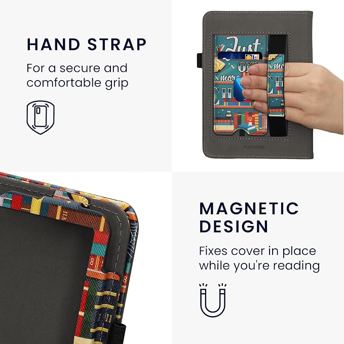 kwmobile Case Compatible with Amazon Kindle Paperwhite (2024)/Colorsoft - Case PU Leather Cover with Magnet Closure, Stand, Strap, Card Slot - Library Motto Multicolor