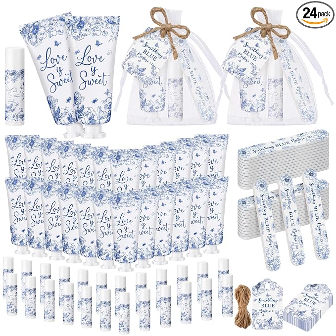 Leelosp 24 Sets Something Blue Before I Do Bridal Shower Hand Cream Lip Balm Nail File Gift Bulk Blue Floral Wedding Favors Travel Size Thank You Gifts Set Bridal Shower Favors for Guests