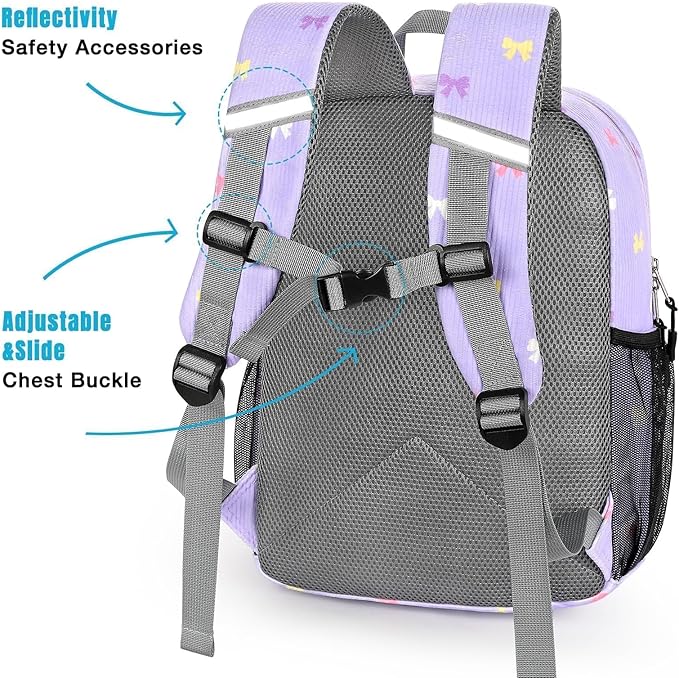 STEAMEDBUN Corduroy Kids Backpack for Girls 3-8, Girls Backpack for Elementary Kindergarten - Purple Bow
