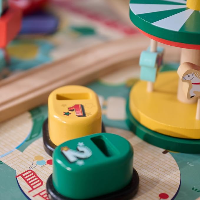 Teamson Kids Wooden Train Table – Carnival-Themed Amusement Park Playset | Ferris Wheel, Carousel & Train Track, Interactive Toy for Toddlers, With Storage, Ages 3+