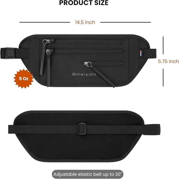 Sherpani Jett, Travel Money Belt, Secure Waist Bag, Slim Passport Holders, Blocking Hidden Wallet Belt Bag, Fanny Pack for Women, Travel Gift, RFID Protection (Carbon Signature)