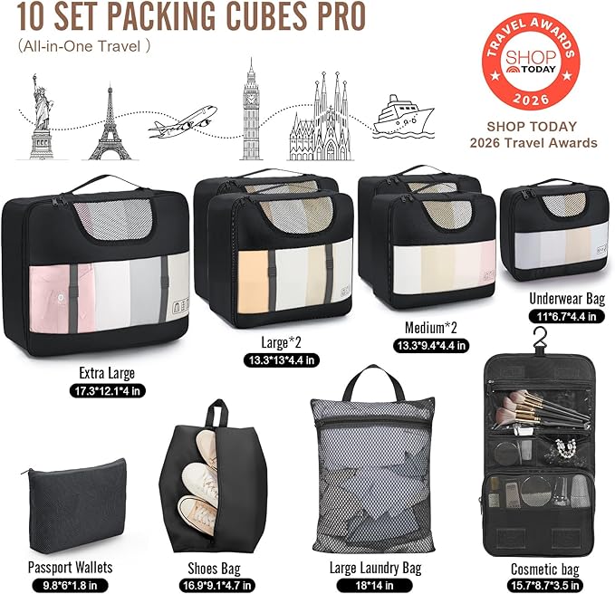 Veken 10 Set Packing Cubes for Travel Essentials, Suitcase Organizer Bags in 4 Sizes, Carry-On Luggage Accessories with Large Laundry Bag & Passport Holder, Must-Have for Airplane, Road Trip & Camping