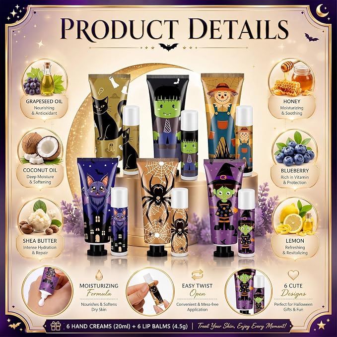 6 Pack Halloween Hand Cream and Lip Balm Gifts Sets for Women Mini Hand Lotion Bulk Travel Size Moisturizing Cream Halloween Party Favors for Boo Basket Stuffers 6 Natural Plant Fragrances