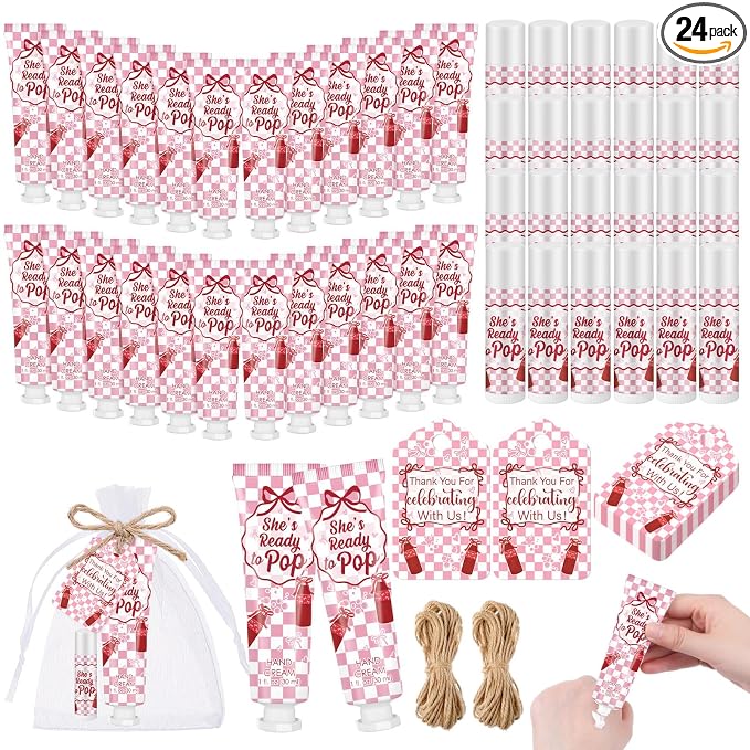 Lounsweer 24 Sets She's Ready to Pop Baby Shower Hand Cream and Lip Balm Gift Red White Checkered Baby Shower Party Favors for Guest Travel Size Hand Lotion Gender Reveal Newborn Party Supplies