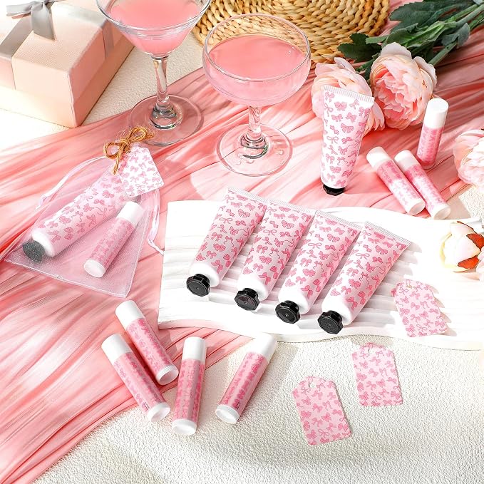 48 Sets Pink Bow Baby Shower Favors Bulk Coquette Baby Shower Gifts for Guests Include 48 Hand Cream and 48 Lip Balm Pink Bow Gender Reveal Decorations for Guests Friends
